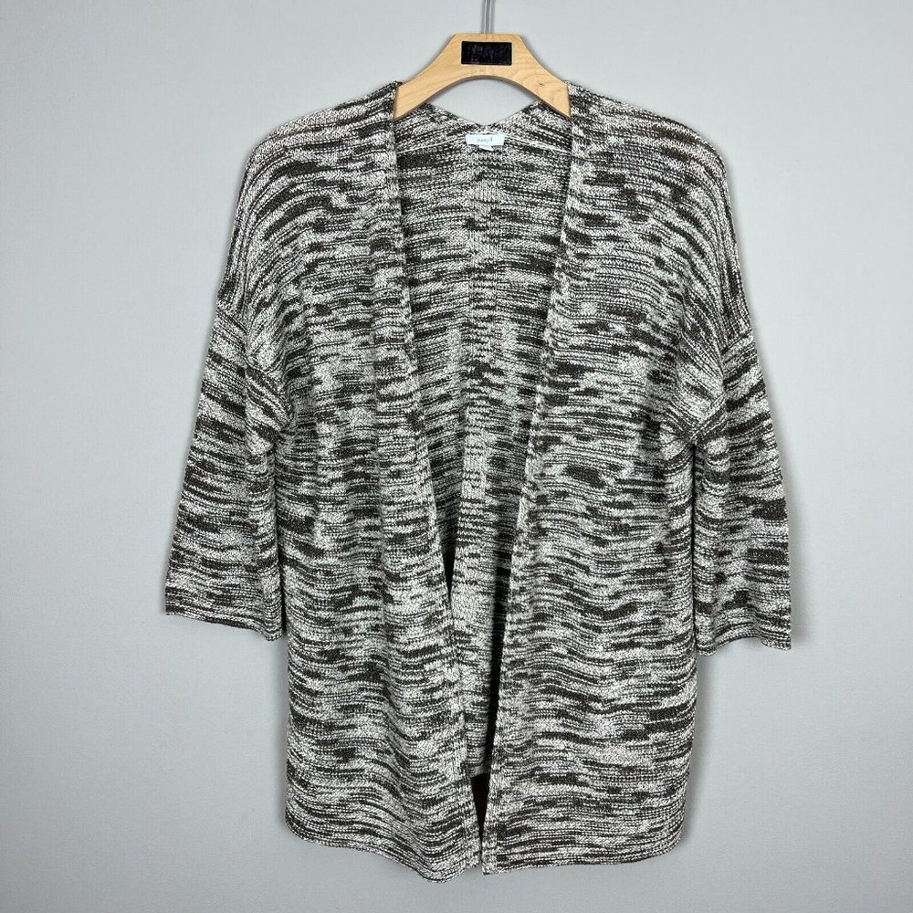 J Jill Pure Cardigan Sweater Womens Medium Cream Taupe Open 3/4 Sleeve Knit